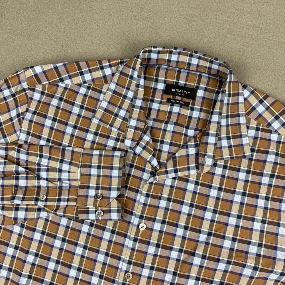 Bugatchi Classic Fit Plaid Mens XL Super Fine Cotton Caramel Blue‎ 100% Cotton